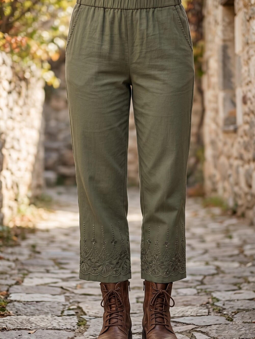 Papa Vancouver Embroidered Hem Crop Pants Olive Green Boho Lagenlook Utility